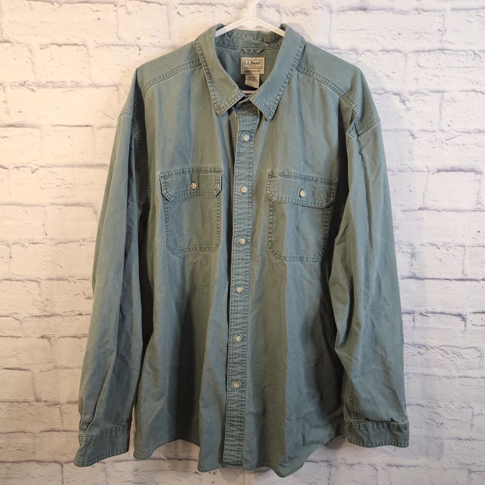 L.L. Bean Sunwashed Canvas Shirt XXL Traditional Fit 270133 Long Sleeve Green